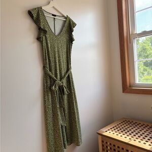 Ann Taylor Olive Green Midi Dress with White Ditsy Print